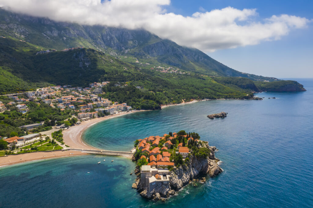 Aerial view of Sveti Stefan island in Budva, Montenegro.